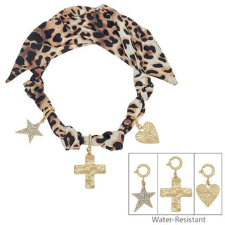 Leopard Print Scarf Necklace w/ Star, Cross, & Heart Charms
