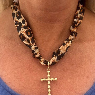 Leopard Print Scarf Necklace w/ Cross Charm