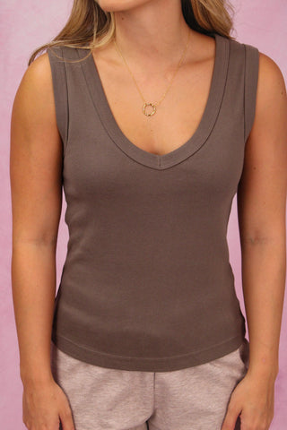 Z Supply Ellie Rib V-Neck Tank - Pebble Coast