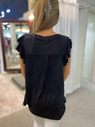 Black Wrinkle Free Flutter Sleeve Top