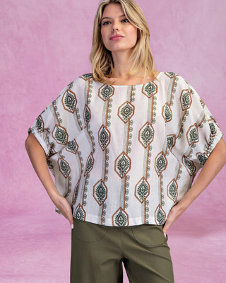 Olive Geometric Floral Printed Elastic Cuff Blouse