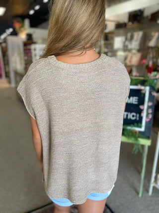 Light Mocha Crew Neck Sleeveless Knit Top