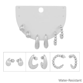 Water Resistant Silver Teardrop and Huggie Set of 3 .5" Hoop Earrings