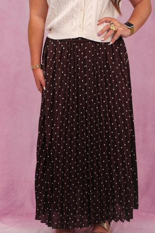 Chocolate/Ivory Polka Dot Pleated Maxi Skirt