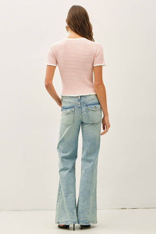 Off White/Coral Ribbed Fitted Top