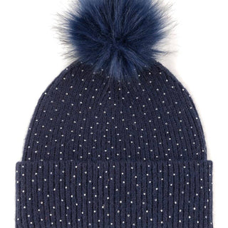 Navy Rhinestone Embellished Pom Beanie