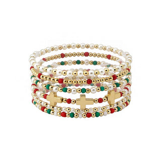Red/Green/Gold/Pearl Cross Bracelet Stack