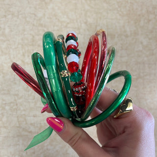 Red/Green Beaded Stretch Bracelet & Bangle Stack