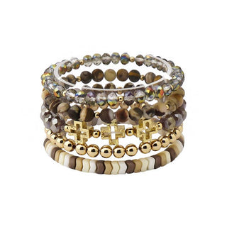 Brown Mixed Beaded Cross Bracelet Stack