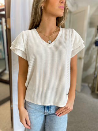 Off White Flutter Sleeve Short Sleeve Top