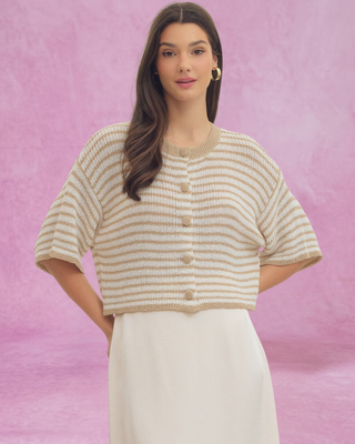 Taupe Striped Button Up Short Sleeve Sweater Top
