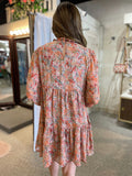 Grey/Rust Mix Floral Tiered Long Sleeve Dress