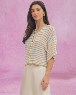 Taupe Striped Button Up Short Sleeve Sweater Top