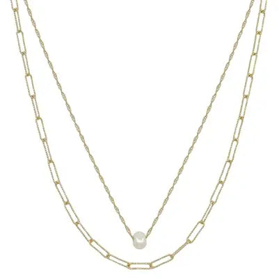 Gold Link Chain Layered w/ Single Freshwater Pearl Necklace