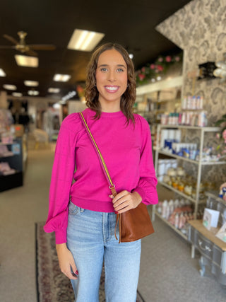 Fuchsia Pointelle Puff Sleeve Sweater