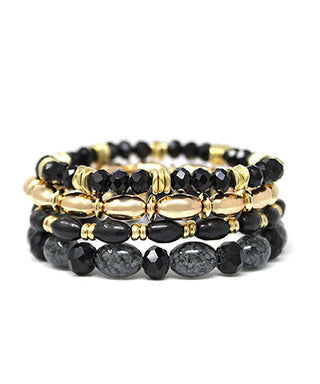 Black 4 Row Glass & Wood Bead Bracelet