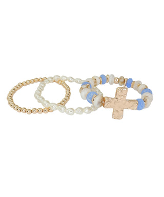 Blue/Cream/Gold Cross Charm Bracelet Stack Set