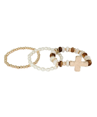 Brown/Cream/Gold Beaded Cross Charm Bracelet Stack