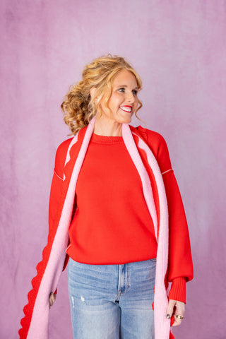 Red Sweater w/ Pink Contrast Stitching