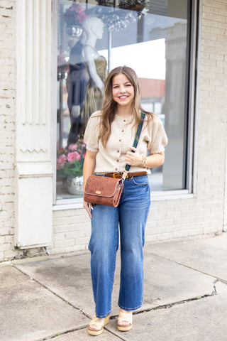 Ecru Short Sleeve Button Front Sweater