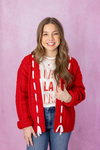 Red Cable Knit Cardigan w/ Ribbon Detail