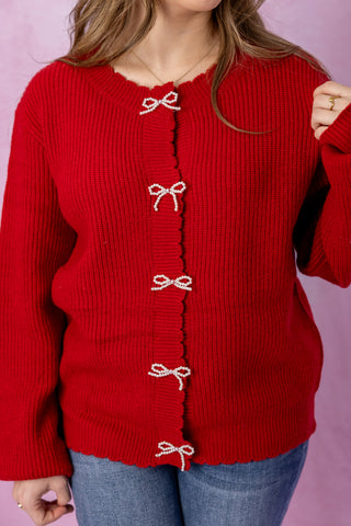 Red Pearl Bow Embellished Cardigan