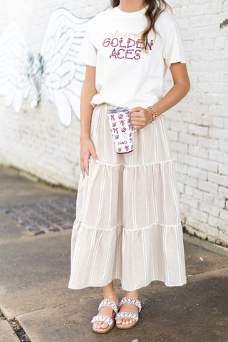Tan Gingham Tiered Midi Skirt