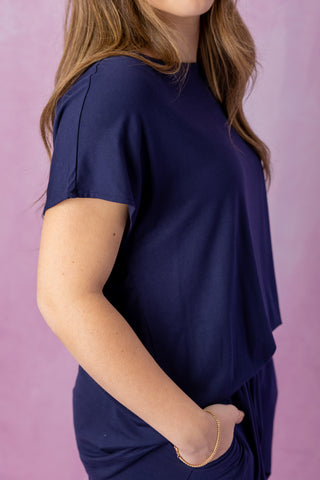Navy Boat Neck Short Sleeve Top