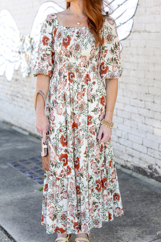 Cream/Brick Floral Midi Dress
