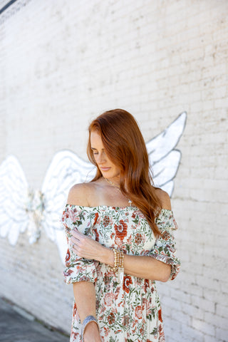 Cream/Brick Floral Midi Dress