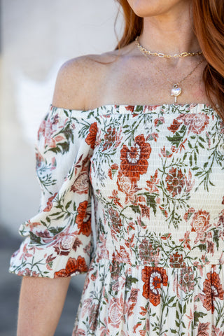 Cream/Brick Floral Midi Dress