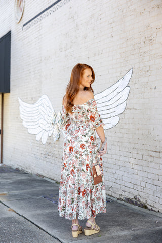 Cream/Brick Floral Midi Dress