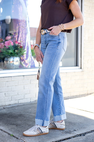 Lightwash Straight Leg Denim with Cuffed Hem
