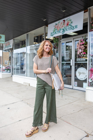 Olive Embroidered Border Hem Pants