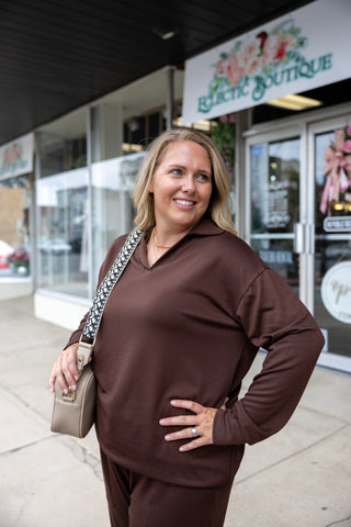 Chocolate French Terry Long Sleeve Collared Top