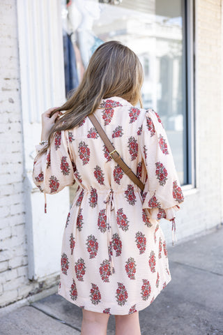 Ecru Floral Puff Sleeve Mini Dress