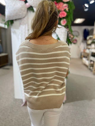 Light Taupe Striped Short Sleeve Sweater Top