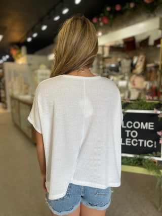 Off White Ribbed Short Sleeve Top