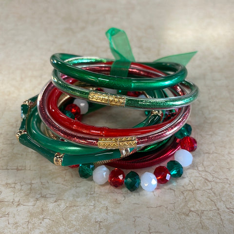 Red/Green Beaded Stretch Bracelet & Bangle Stack