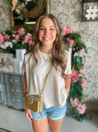 Beige Ribbed Short Sleeve Top