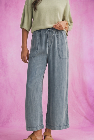 Washed Denim Cropped Drawstring Pants