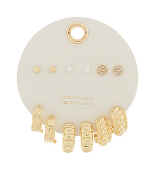 Gold/Pearl Stud & Hoop Set of 6 Earrings