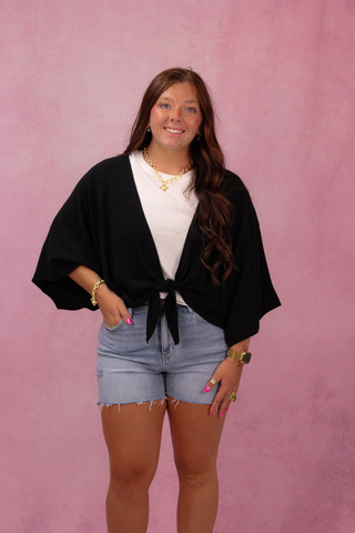 Black Tie Front Linen Kimono