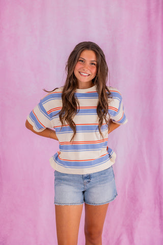 Cream/Blue/White Striped Oversized Tee