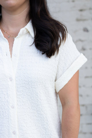 Off White Textured Short Sleeve Button Down Dress