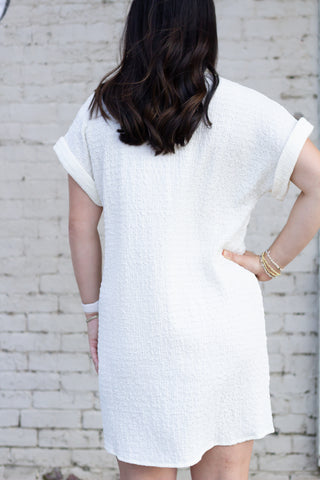 Off White Textured Short Sleeve Button Down Dress