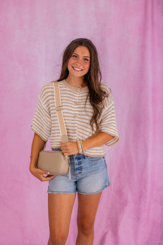 Taupe Striped Button Up Short Sleeve Sweater Top