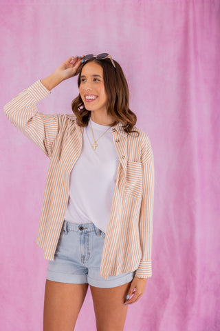 Off White/Brown Striped Collared Button Up Top
