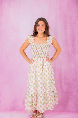 Off White/Pink Floral Flutter Sleeve Midi Dress