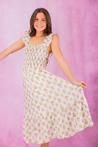 Off White/Pink Floral Flutter Sleeve Midi Dress